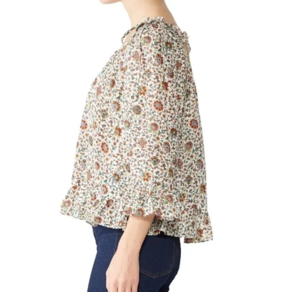 NWOT Tory Burch Ivory Soleil Floral Ruffle Silk Bohemian Top/Blouse XS $348